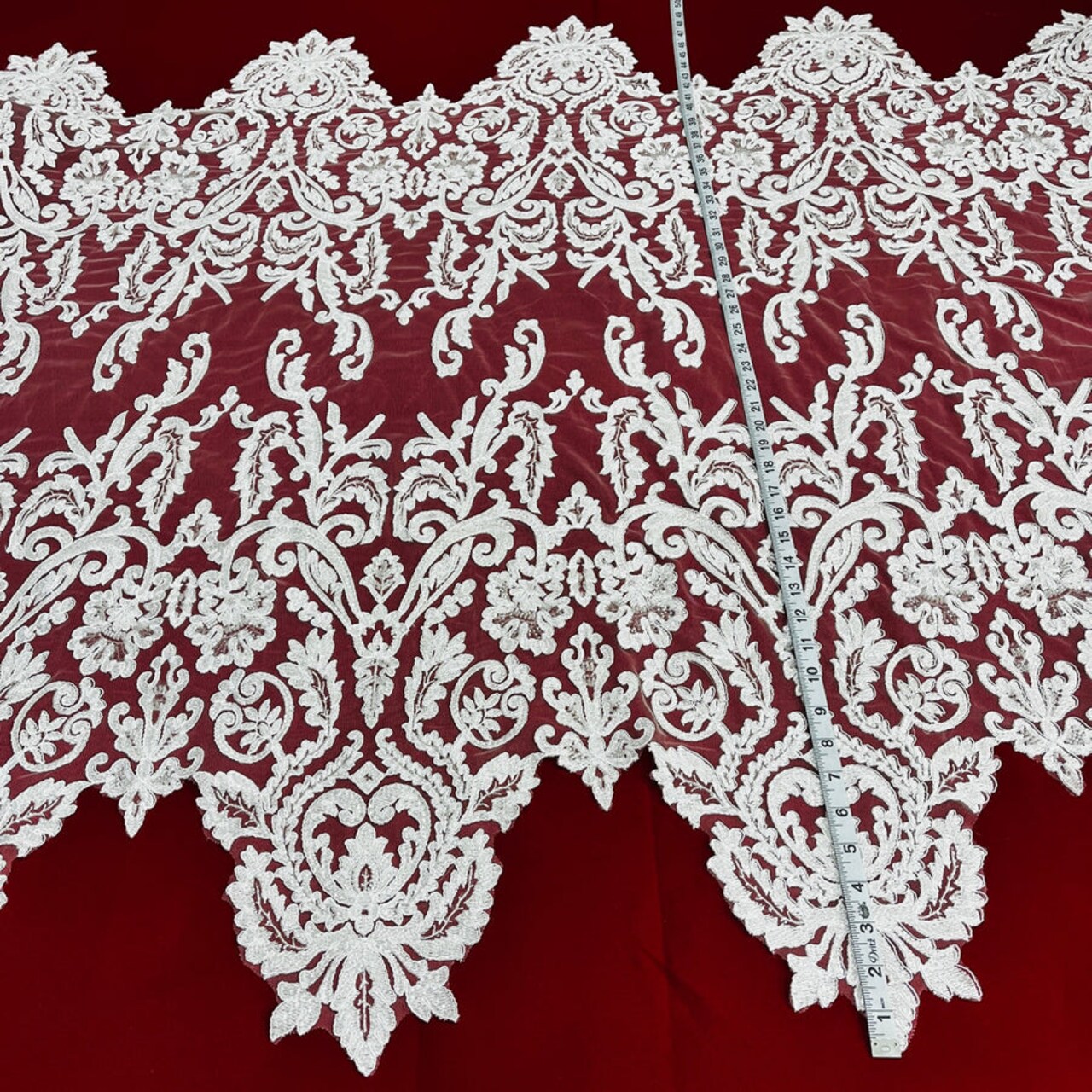 1 Yard Glamorous Beaded and Corded Bridal Lace Fabric Embroidered on Polyester Net Mesh